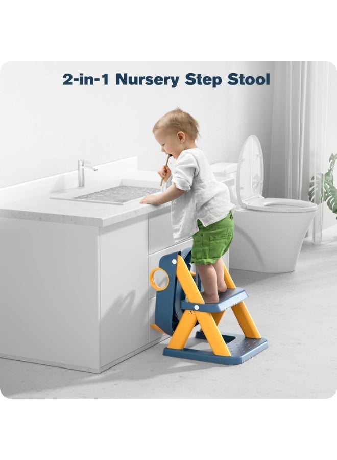 إي وورلد مقعد تدريب الأطفال على الحمام 2 في 1 مع سلم قابل للتعديل | تصميم مانع للانزلاق ووسادة ناعمة وحاجز للرذاذ | مناسب لجميع المراحيض القياسية - Image 2